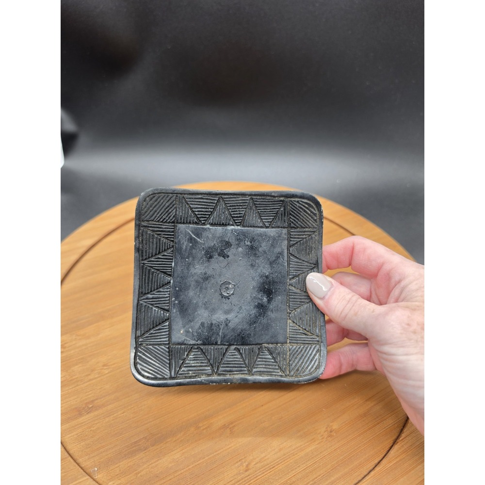 Vintage Carved Black Soapstone Square Dish Geometric Tribal Etched Trinket Dish